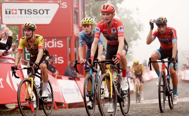 De la Cruz, de azul, junto a Roglic, Kuss y Landa, con Vingegaard al fondo, en una meta de La Vuelta 2023. GETTY