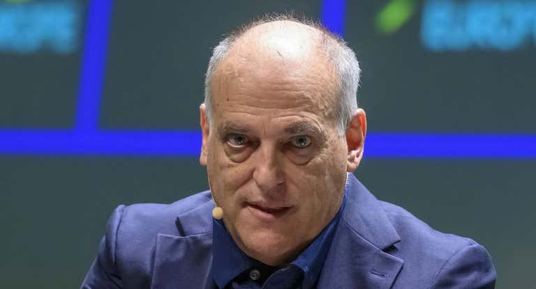 Javier Tebas, presidente de LaLiga, durante el World Football Summit 2023.