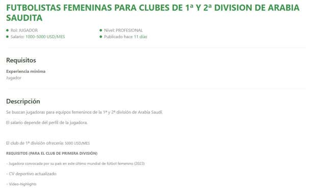 La oferta que aparece en el portal FUTBOLJOBS.  FUTBOLJOBS