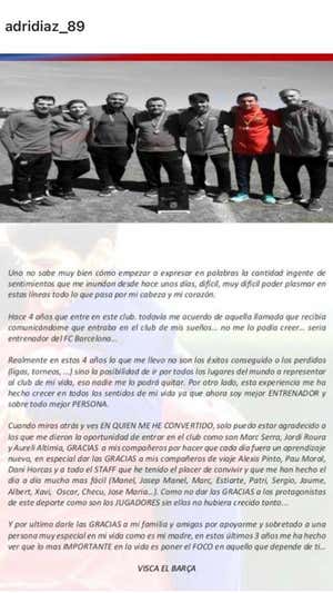 La carta publicada por Adrià Díaz.  INSTAGRAM