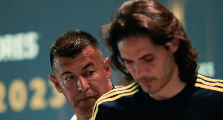 Almirón y Cavani durante la rueda de prensa previa a la final de la Libertadores.