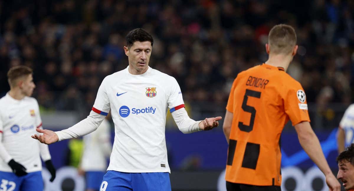 Lewandowski, sin rematar ante el Shakthar en la Champions. /AFP