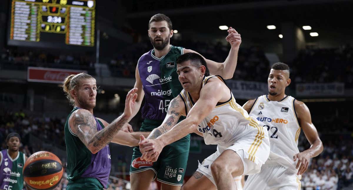Gaby Deck no llega a una bola ante la presión de Osetkowski y Kravish, pese a la ayuda de Tavares.