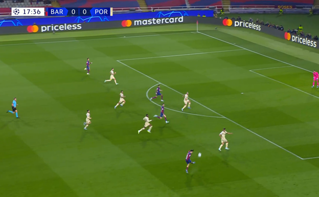 Lewandowsi llega al área tras un sprint muy largo y Pedri le da el balón a Raphinha, aunque Pepe lo intercepta. WYSCOUT