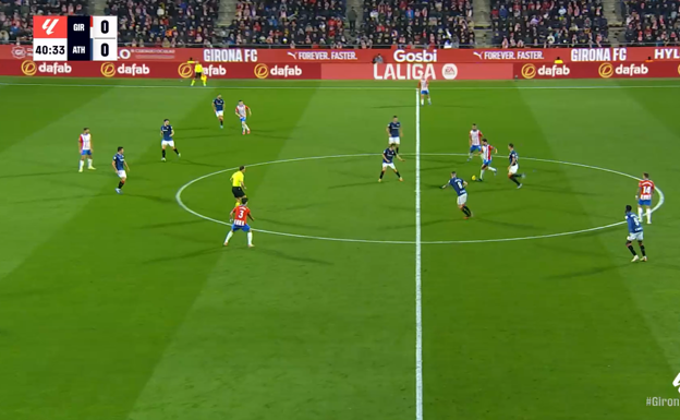 La posición de Miguel es clave porque, al encontrarse a la espalda de los centrocampistas del Athletic y con Sávio fijando a De Marcos, queda totalmente liberado.  WYSCOUT