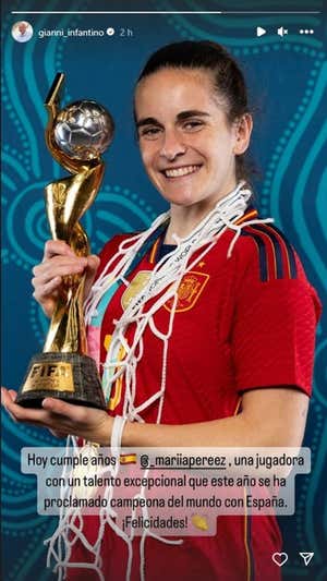 Felicitación de Infantino a María Pérez con una imagen de Teresa Abelleira.  INSTAGRAM