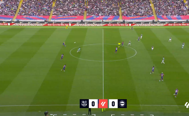 Ante el Alavés, se volvió a buscar la misma jugada que ante el Shaktar, con Araújo atacando la zona a donde iba la pelota. El problema es que fue Lamine Yamal quien fue a la disputa y el Barça perdió el duelo.  WYSCOUT