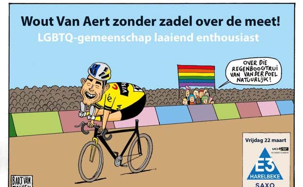 La caricatura en cuestión, con Van Aert sentándose sobre una bicicleta sin sillín. E3 Saxo Classic