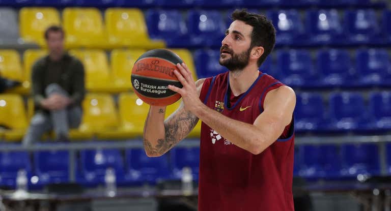 Ricky Rubio en su primer entrenamiento con el Barça.