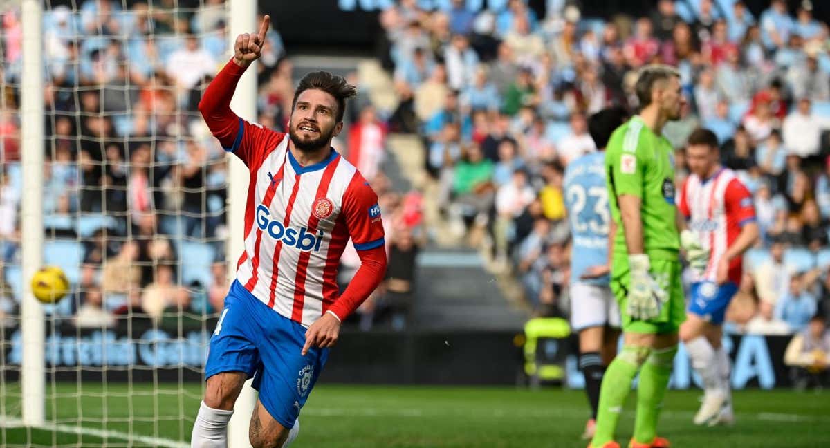 Portu celebra el gol que marcó al Celta y que sirvio para que el Girona sumara los tres puntos. /Afp