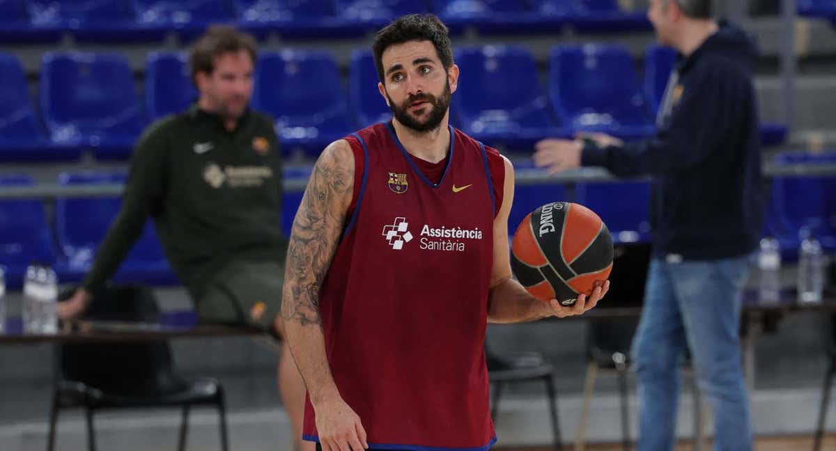 Ricky Rubio en su primer entrenamiento con el Barça./Efe