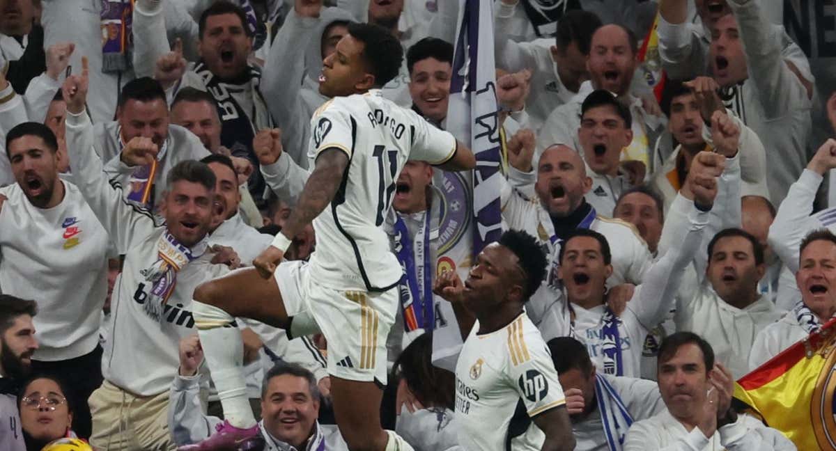 Rodrygo celebra un gol con el Real Madrid./AFP