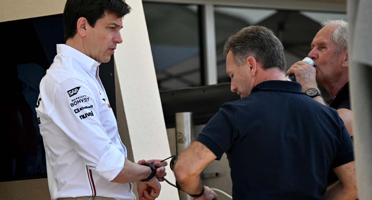 Toto Wolff, jefe de Mercedes-AMG F1, y Christian Horner, jefe de Red Bull Racing, en Baréin./AFP