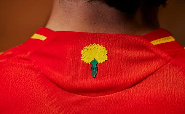 Imagen en detalle del clavel de la nueva camiseta de España.  ADIDAS