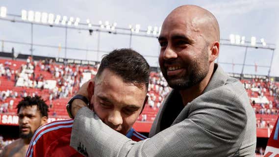 Claudio Giráldez y Aspas, tras ganar en Sevilla. /RC Celta