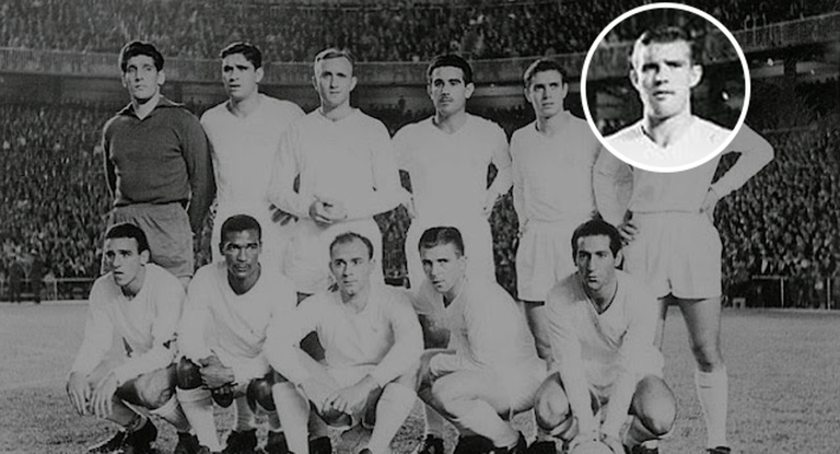 Antonio Ruiz, rodeado, junto a, en este orden, y empezando de izquierda a derecha, Domínguez, Marquitos, Santamaría, Lesmes II, Zárraga. (Abajo) Canario, Didí, Di Stéfano, Puskas y Gento.