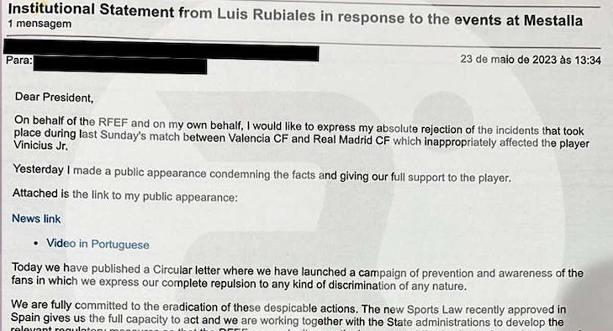 Correo que envió la RFEF a la CBF.