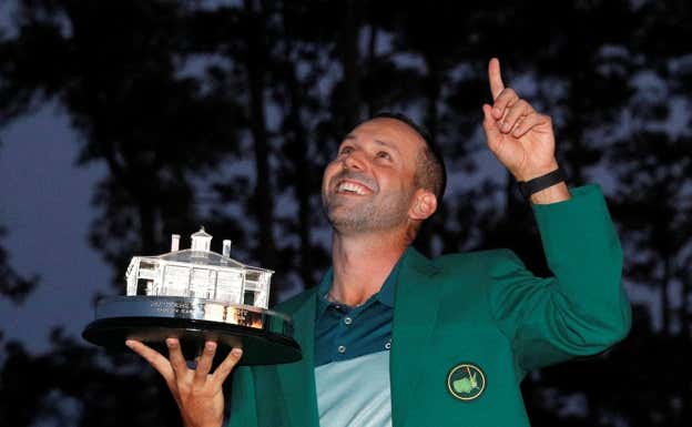 García, en 2017, con la chaqueta verde tras ganar el Masters de Augusta. EFE