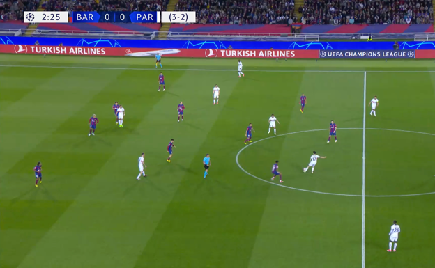 Lamine salta, con Gündogan tapando el pase al otro mediocentro, forzando el PSG a jugar hacia atrás.  WYSCOUT