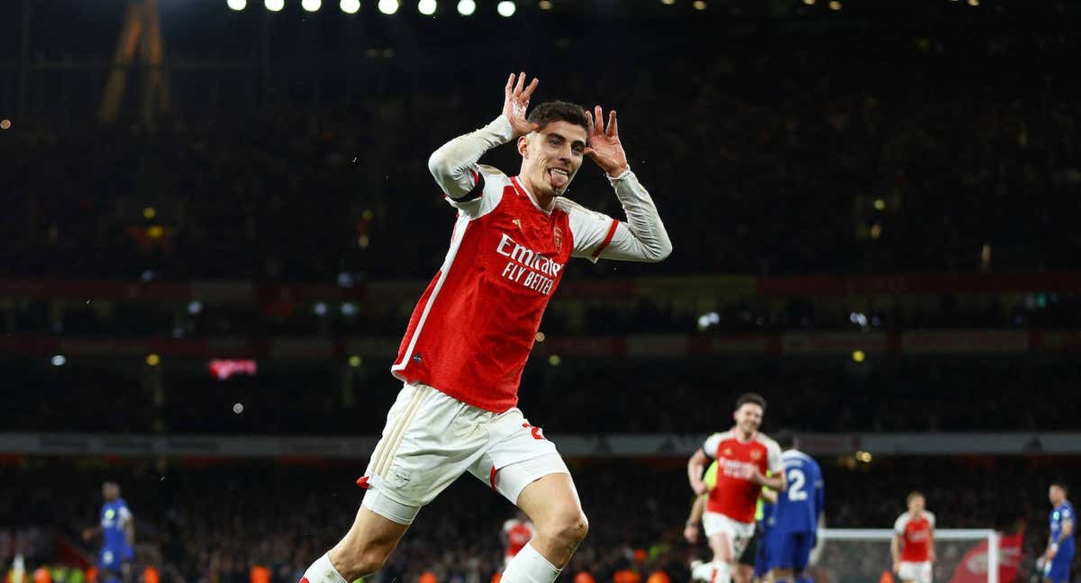 Kai Havertz celebra uno de sus goles contra el Chelsea, su exequipo./AFP