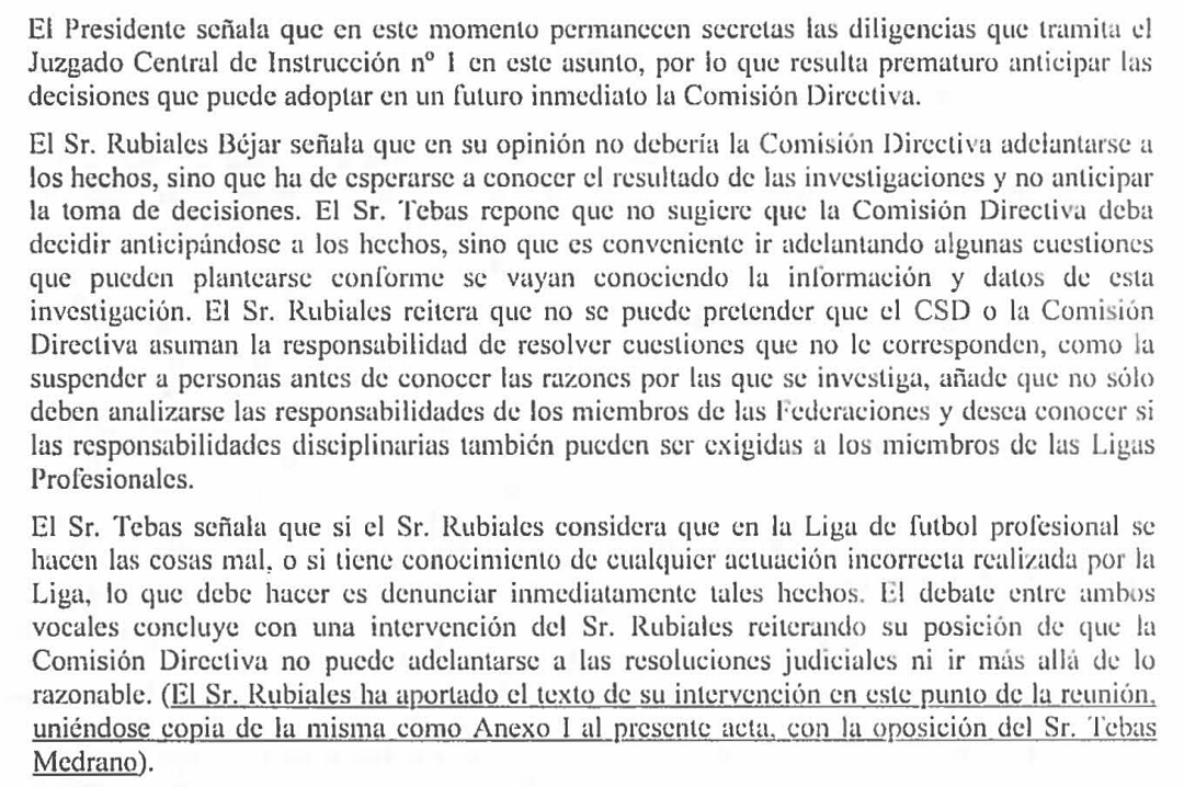 Fragmento del acta de la Comisión Directiva que recoge una discusión entre Javier Tebas y Luis Rubiales.  Relevo