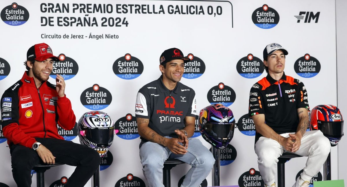 Los pilotos Enea Bastianini, Jorge Martín y Maverick Viñales, este jueves durante la rueda de prensa previa al Gran Premio de España de Motociclismo 2024.