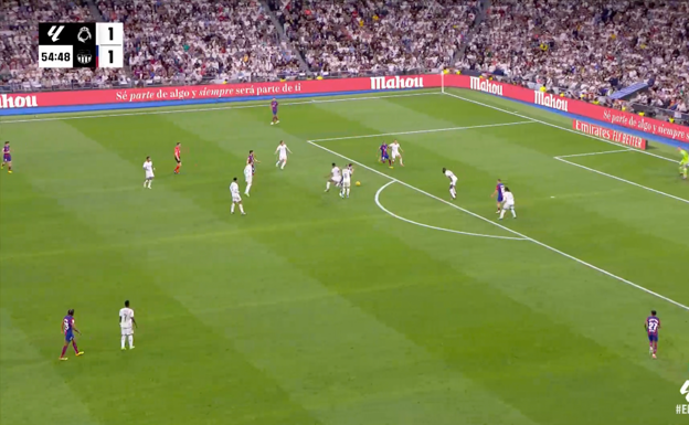 El Barça pierde la pelota en un ataque en campo rival, con todo el Real Madrid defendiendo en su campo.  WYSCOUT