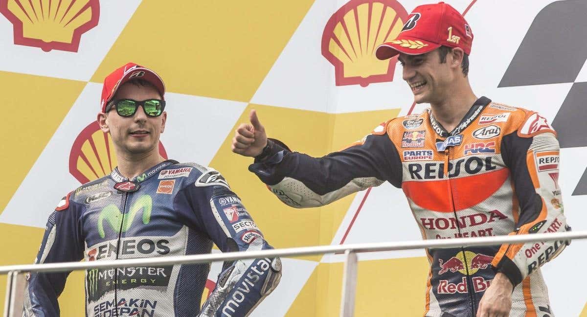 Dani Pedrosa y Jorge Lorenzo en el podio.