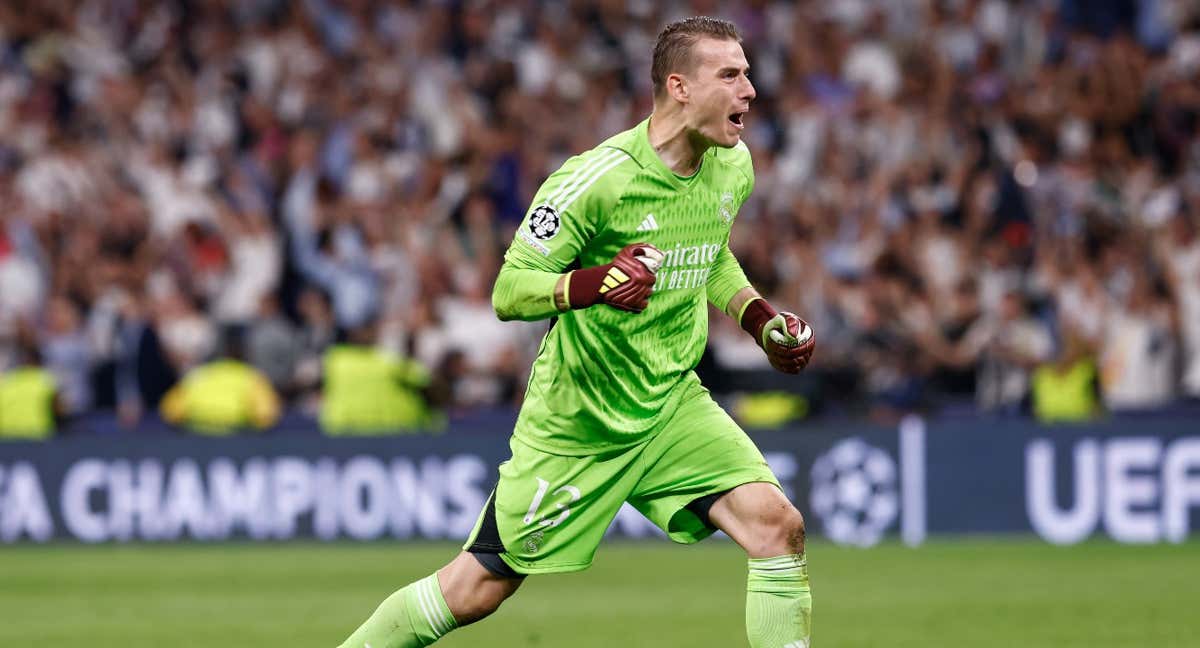 Lunin celebra en la victoria contra el Bayern. /REUTERS