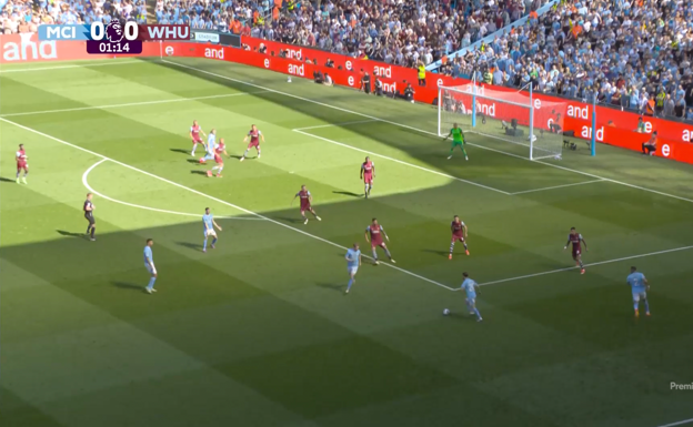 Foden en la frontal reclama el pase.  WYSCOUT