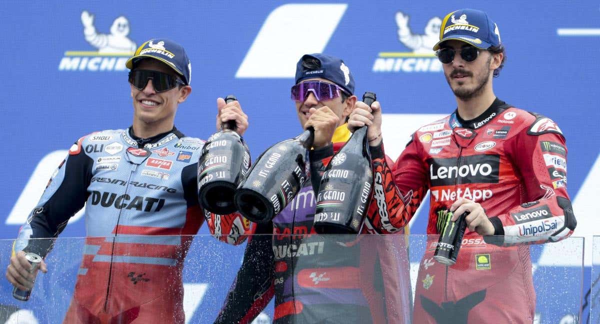 Marc Márquez, Jorge Martín y Pecco Bagnaia./AFP