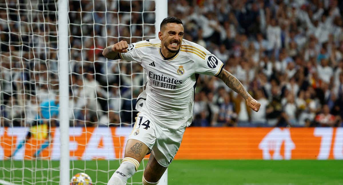 Joselu celebra un gol en las semifinales de la Champions League.