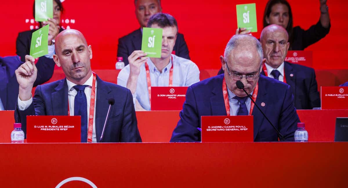 Luis Rubiales y Andreu Camps en la Asamblea General de la RFEF./Efe