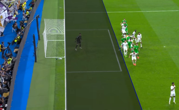 Imagen del trazado del VAR de la línea de fuera de juego en un encuentro de la presente temporada.  DAZN
