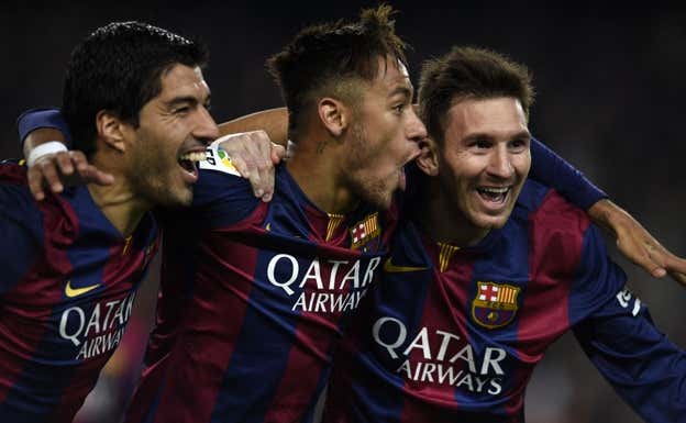 Suárez, Neymar y Messi celebran un tanto contra el Atlético. AFP