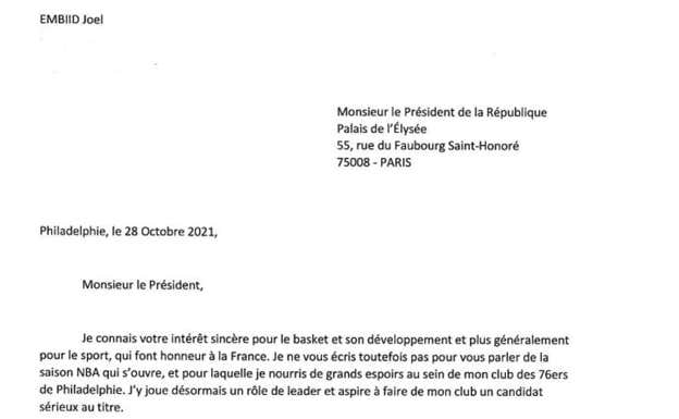 La carta de Joel Embiid a Macron. Twitter