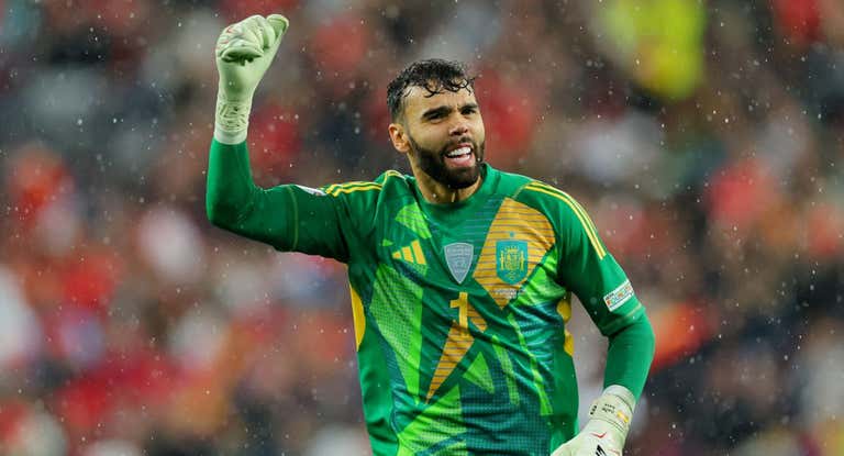 David Raya celebra la victoria ante Suiza.