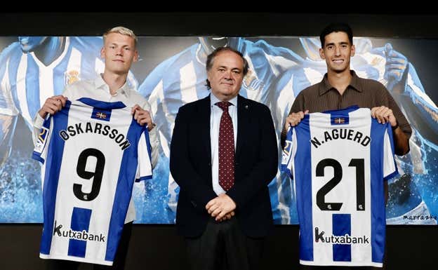 Aperribay, junto a Oskarsson y Aguerd el día de la presentación de ambos.  EFE
