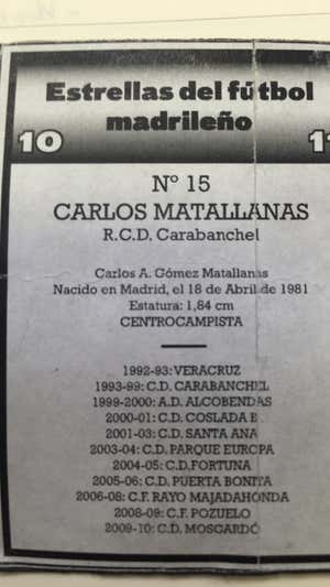 Cromo que le regalaron a Carlos en 2010 en el que repasaba su trayectoria.