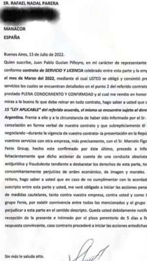 La carta de la denuncia a Rafa Nadal.