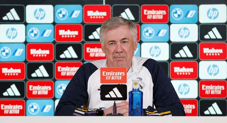 Carlo Ancelotti, en rueda de prensa en Valdebebas.