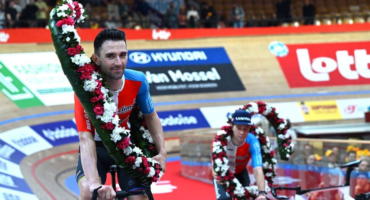 Benjamin Thomas, con los laureles de ganador de los Seis Días de Gante.