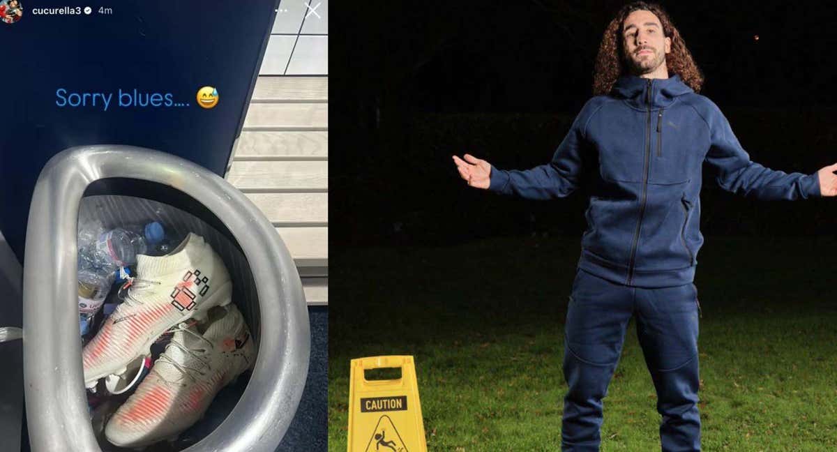 Montaje de Cucurella y sus botas en la basura.