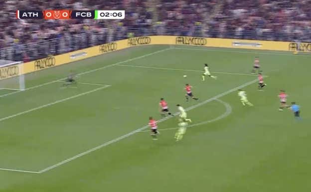 El pase de Pedri habilita a Lamine que a su vez deja a Koundé en un mano a mano.  WYSCOUT