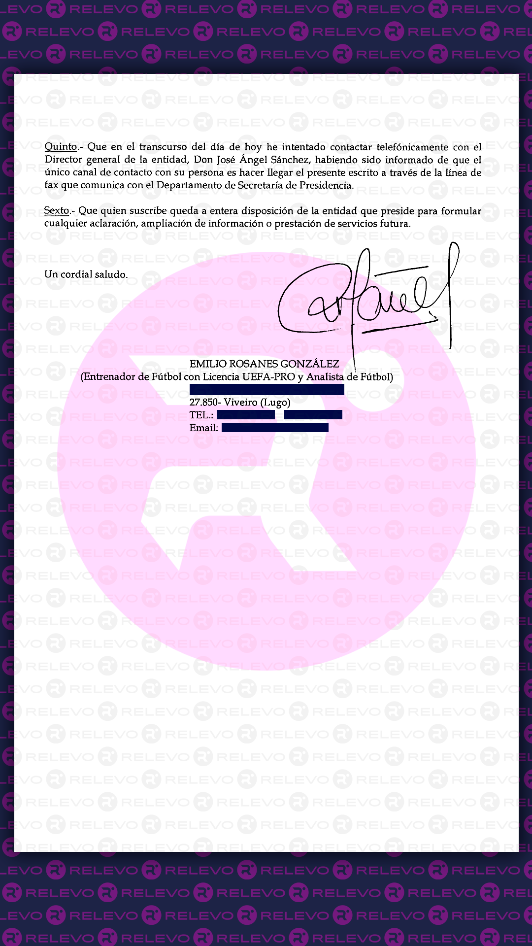 Fax original recibido por la secretaría de presidencia del Real Madrid a las 17:29.  RELEVO