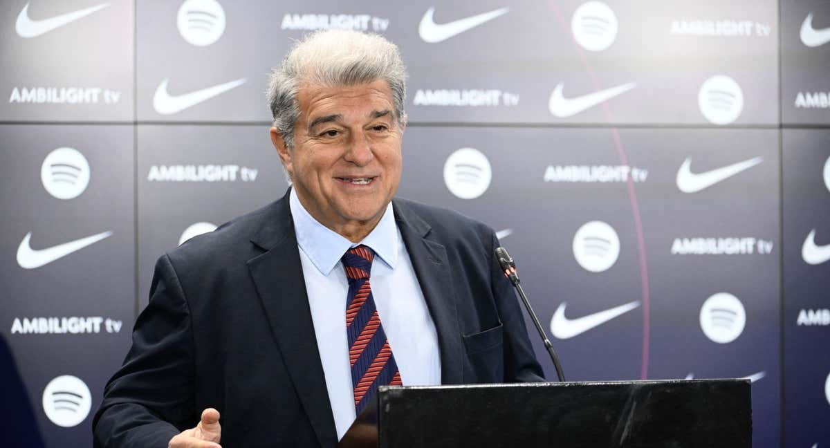 Joan Laporta en la rueda de prensa de este martes./AFP