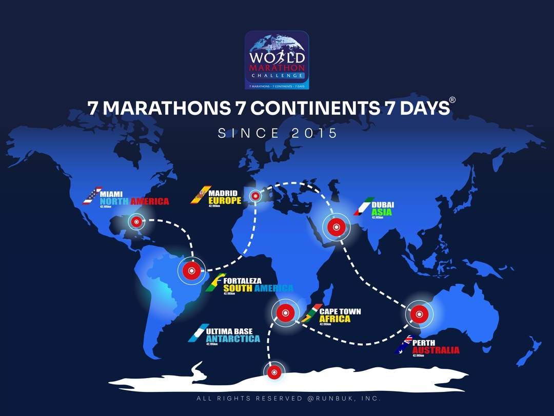 El mapa de los siete maratones del World Marathon Challenge. WORLD MARATHON CHALLENGE