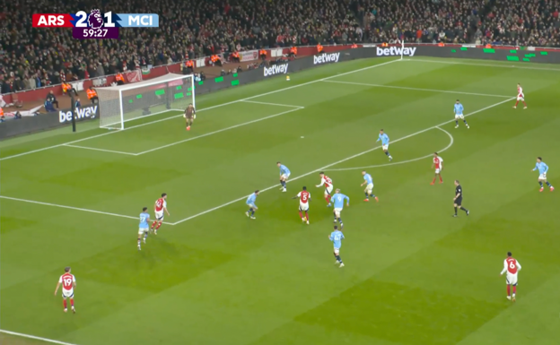 Tras mover la pelota, el Arsenal logra hundir al City y seguir conduciendo hacia área rival.  WYSCOUT