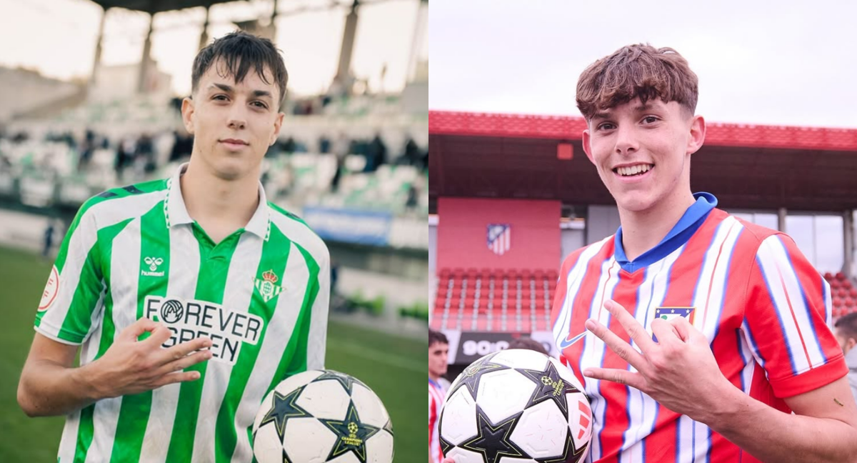 Paco y Sergio posan con los balones de la Champions tras marcar tres goles cada uno. /PRENSA BETIS Y ATLÉTICO