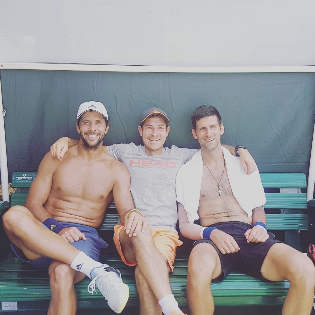 Nacho Truyol, junto a Fernando Verdasco y Novak Djokovic en un entrenamiento en Miami 2018.  Instagram/nachotruyol